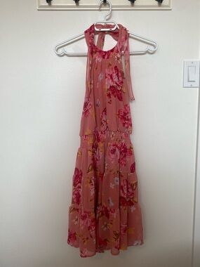 Pink Floral Tiered Open-Back Halter Top Dress